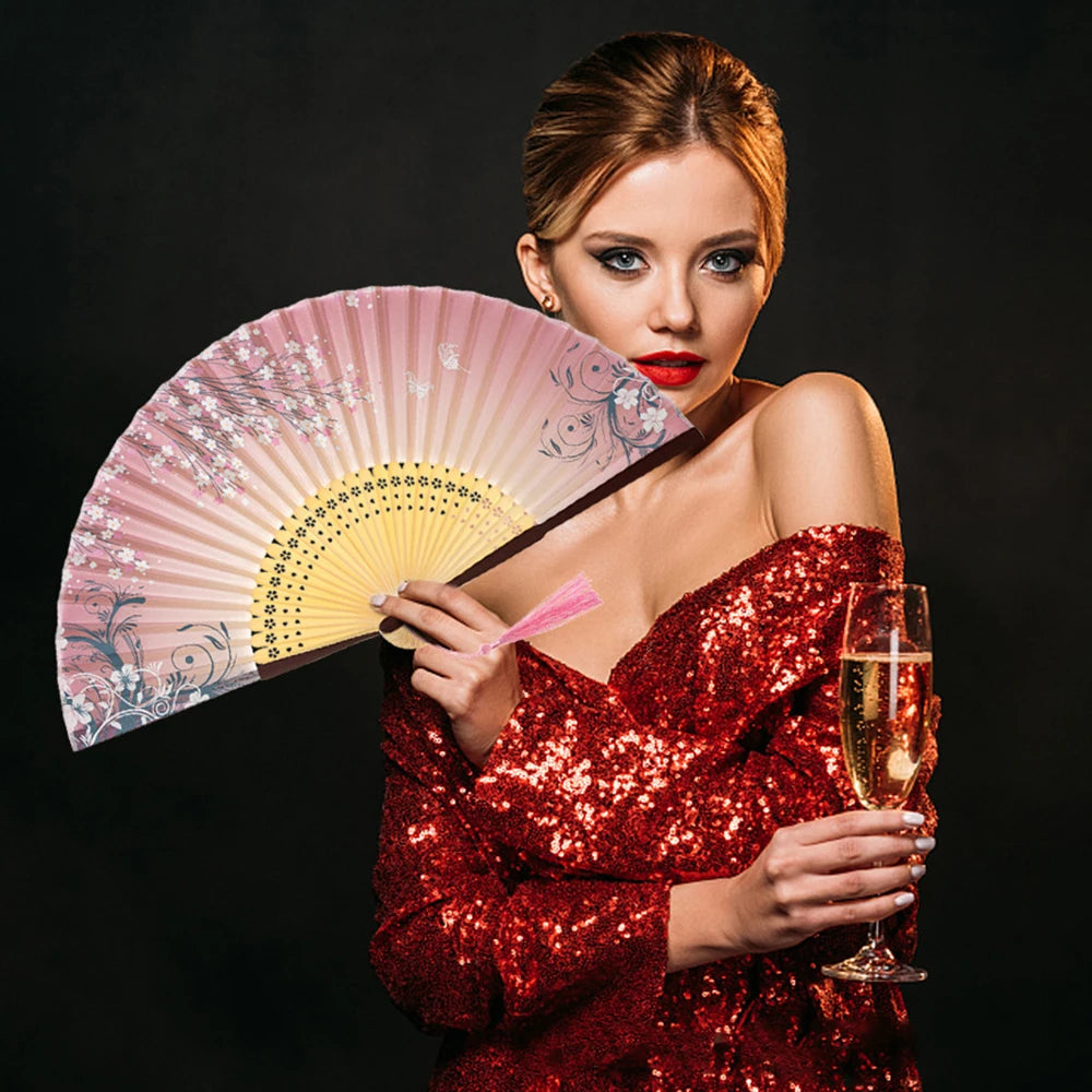 Silk & Bamboo Floral Folding Fan – Oriental Hand Fan for Ritual, Gifting & Decor