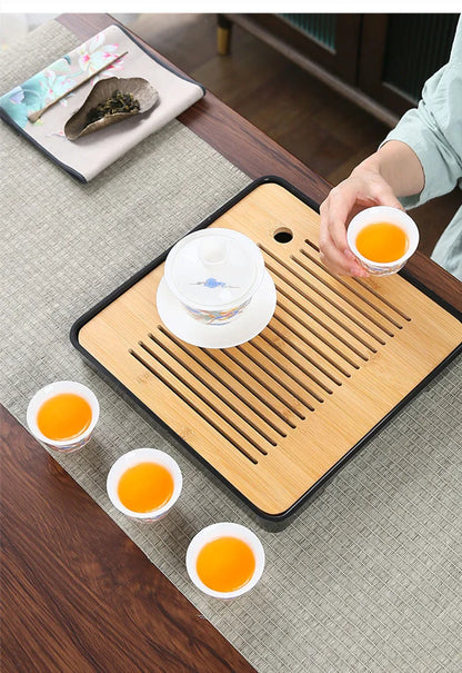 Bamboo Tea Tray with Water Storage & Drainage