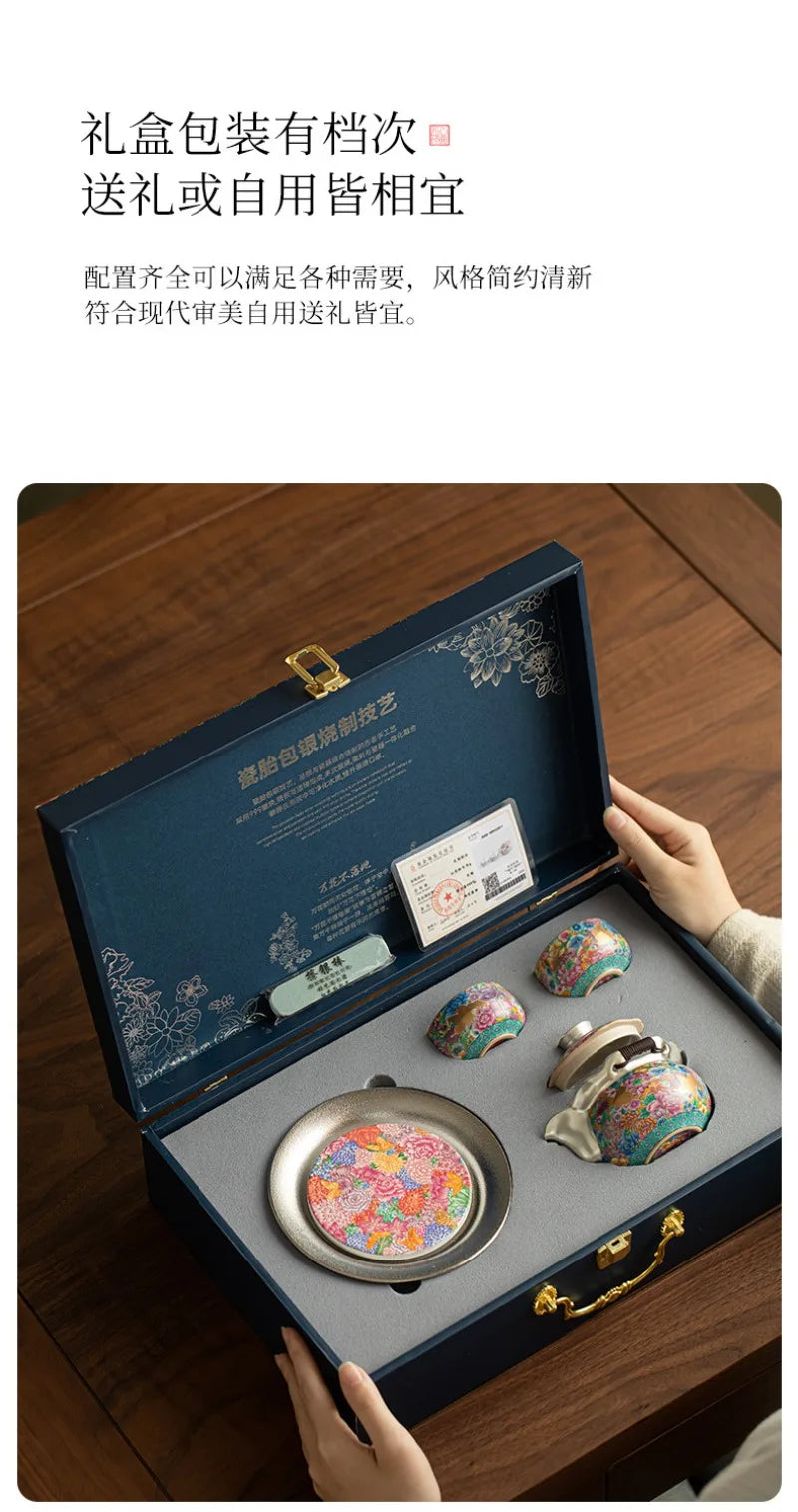 Royal Silver-Plated Enameled Ceramic Tea Set — Gift Box