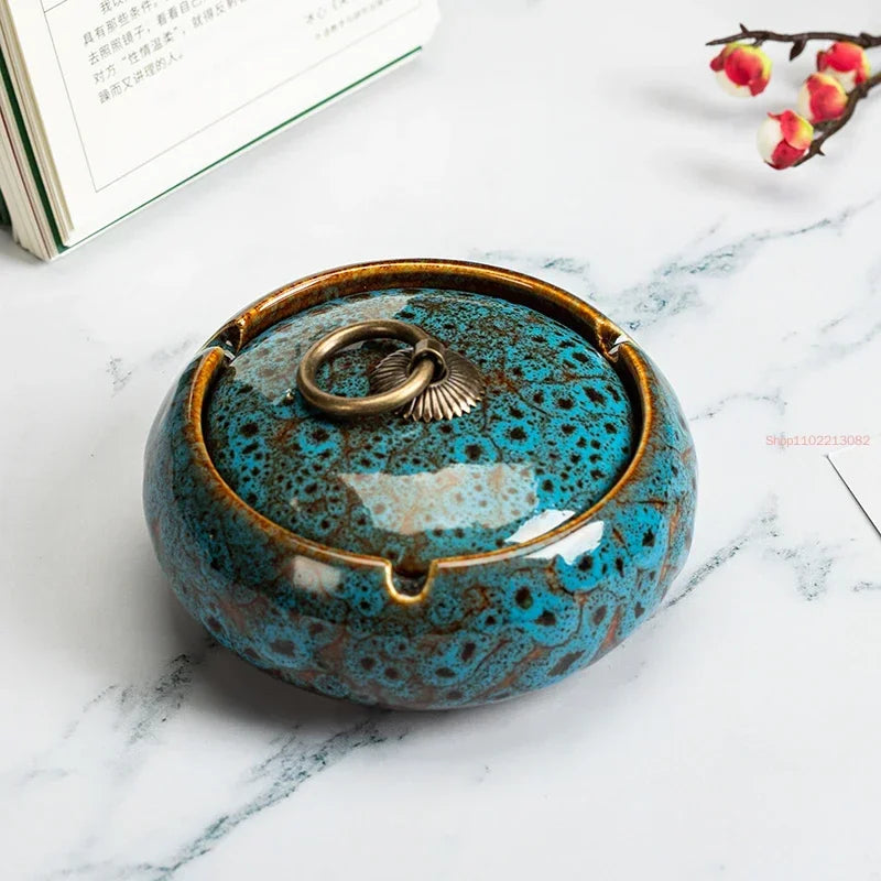 Round Ceramic Ashtray with Lid, 10 Styles