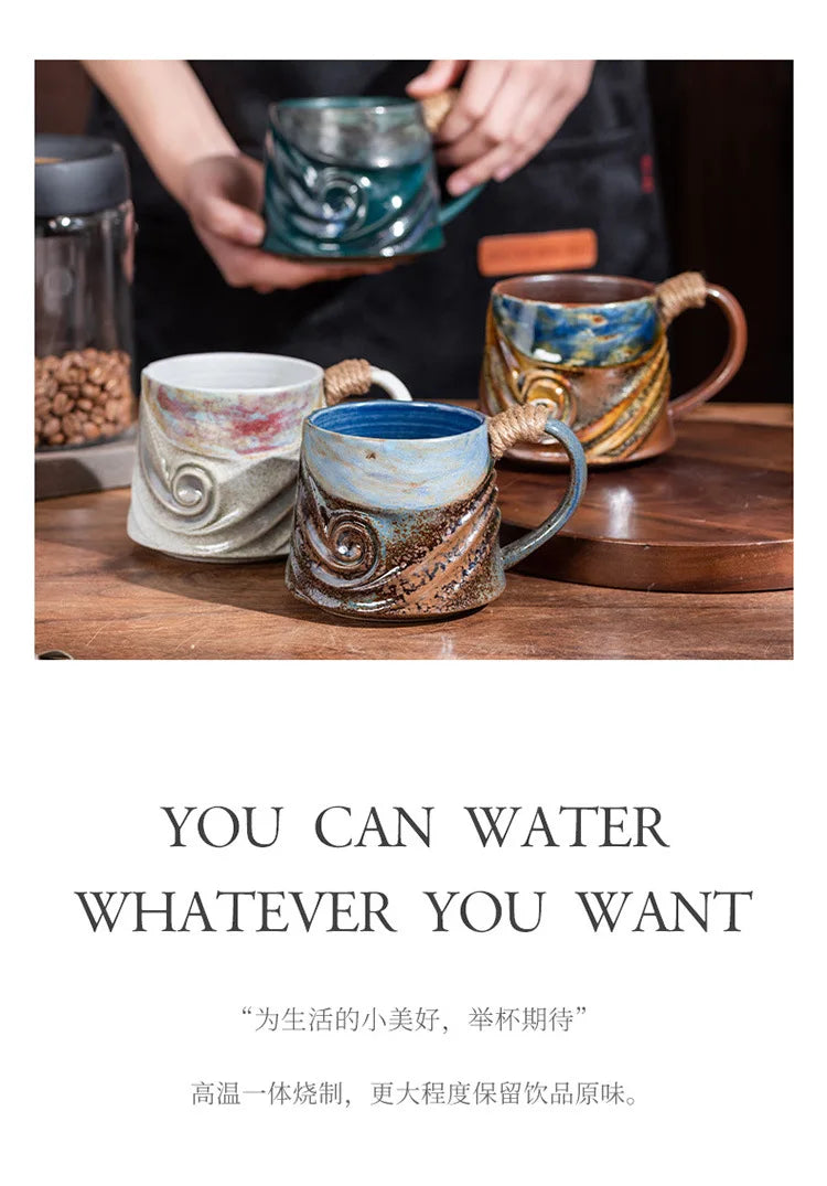 Creative Spiral Hemp Rope Ceramic Cup Retro Rough Pottery Coffee Cup - Your Ritual Hub 