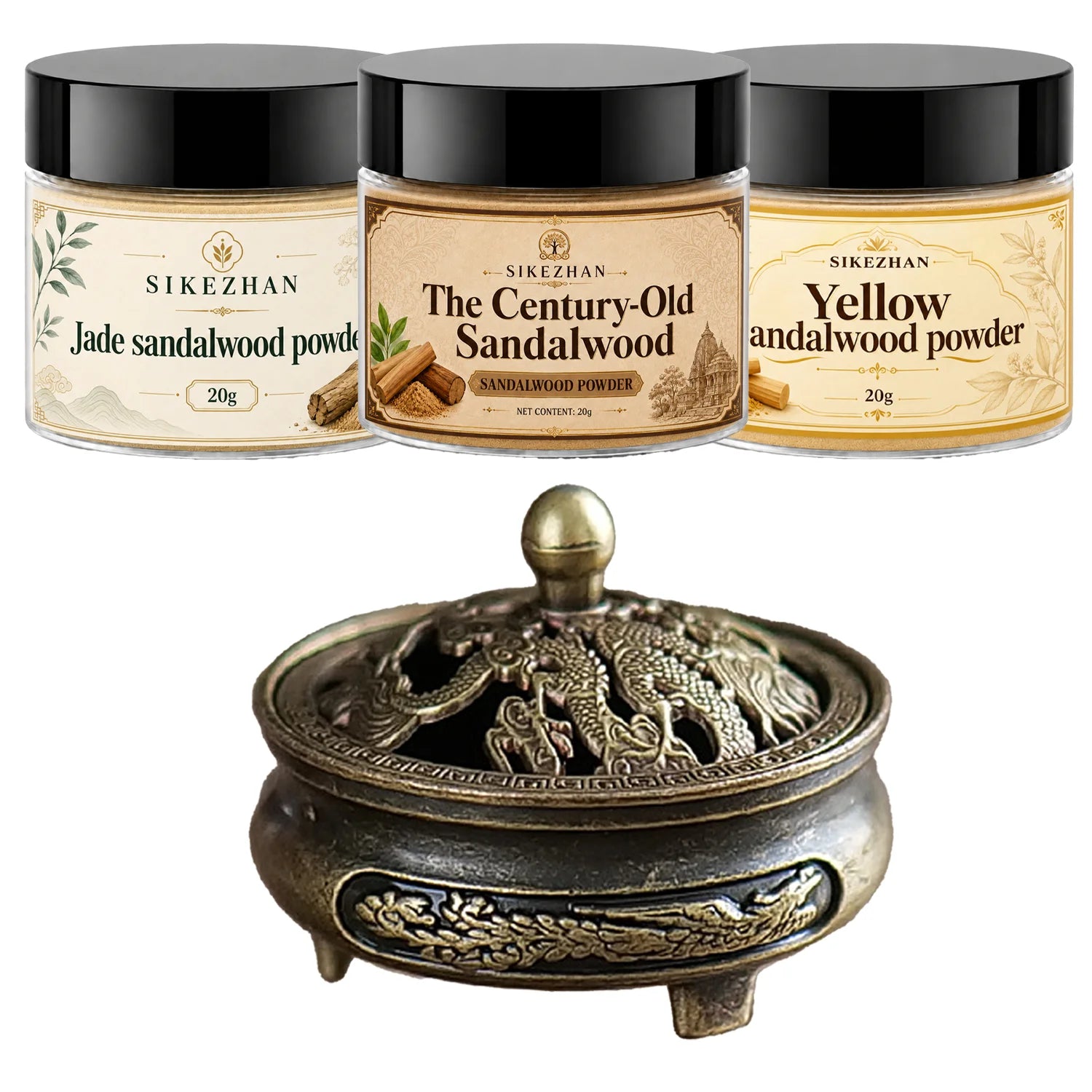Pure Sandalwood Incense Powder Kit – with Vintage Brass Dragon Censer