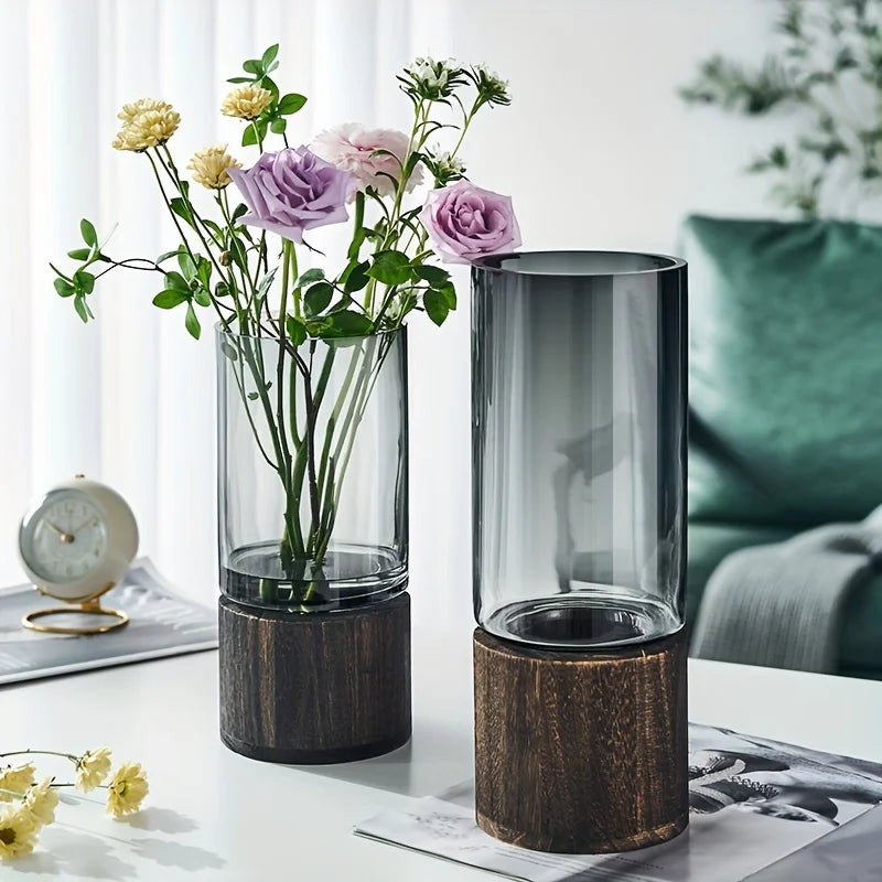 Elegant Glass Vase with Wooden Base for Hydroponic Plants & Decor