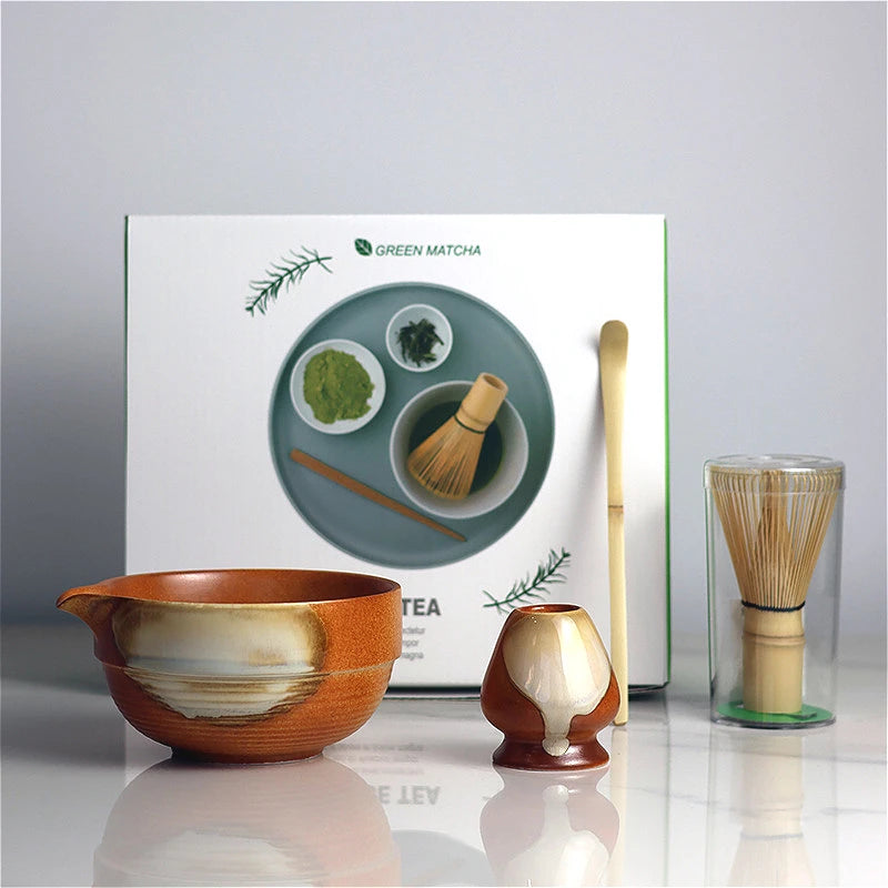 2025 Vintage Matcha Set 4pcs Ceramic Spout Bowl Whisk Bamboo Chasen - Your Ritual Hub 