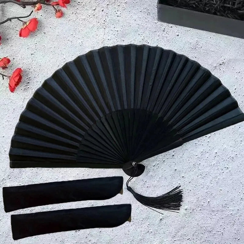 Black Bamboo Folding Fan with Cloth Bag – Vintage Oriental Hand Fan for Ritual & Ceremony