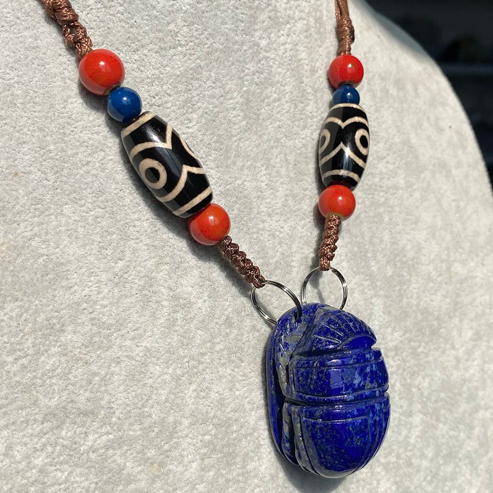 Lapis Lazuli Scarab Pendant Necklace with Hamsa Chain