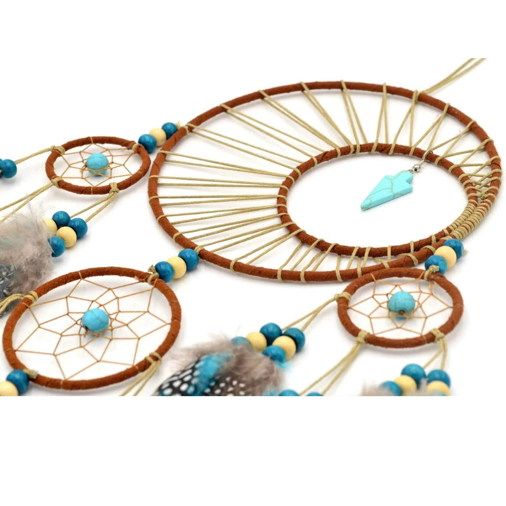 Bohemian Turquoise Dream Catcher, Multi-Circle Handmade Boho Feather Wall Hanging with Arrowhead Pendant for Bedroom Decor