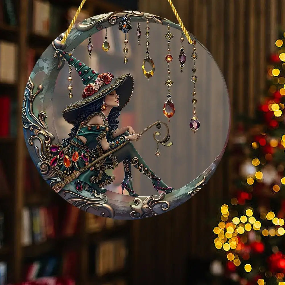8x8 Inch Charming Moonlight Witch Sun Catcher, Stained Glass Style Acrylic Hanging Ornament for Windows, Doors & Cars