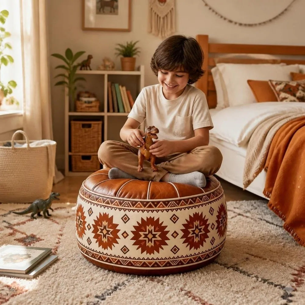 Boho Round Footstool Cover – Waterproof PU Leather Pouf Cover with Geometric Pattern (9 Styles)