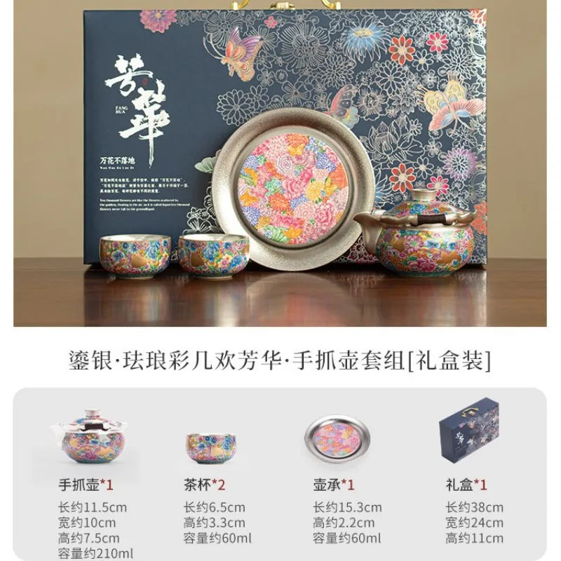 Royal Silver-Plated Enameled Ceramic Tea Set — Gift Box