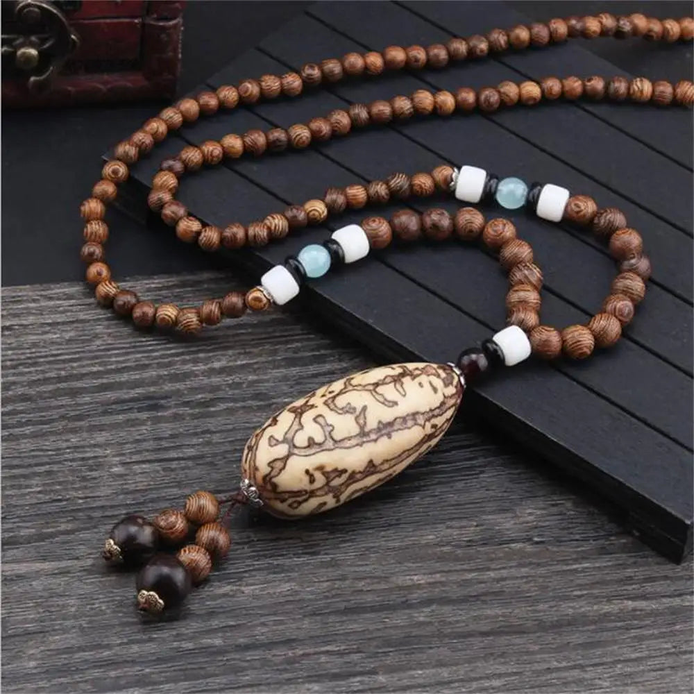 Boho Wooden Beaded Long Necklace – Handmade Nepal Style Pendant Chain