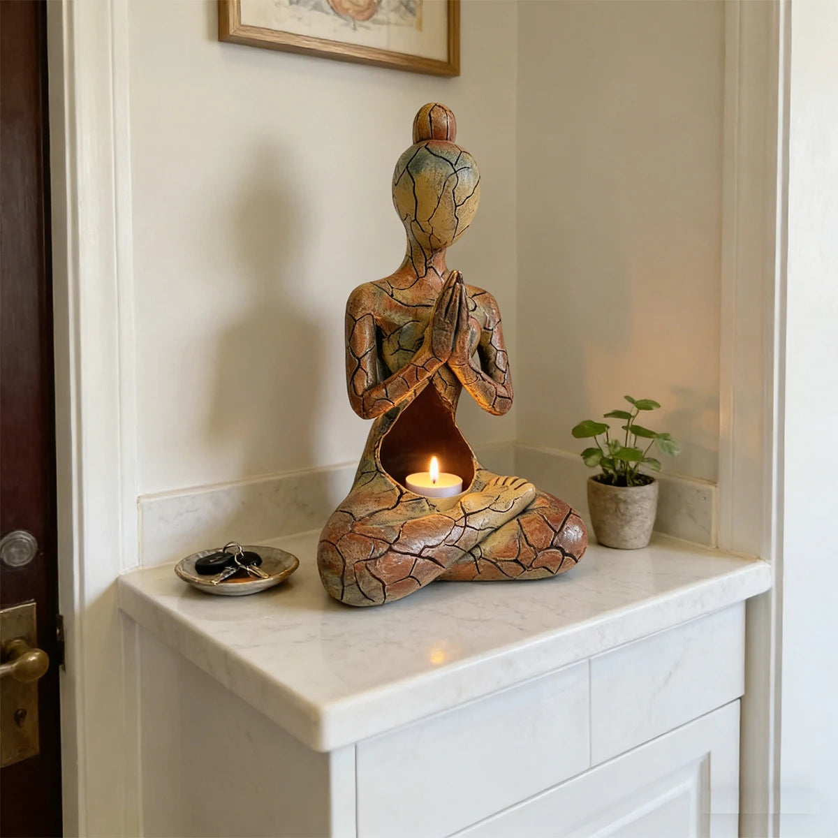 Crackle Earth Meditation Goddess – Resin Prayer Sculpture for Altar & Sacred Space