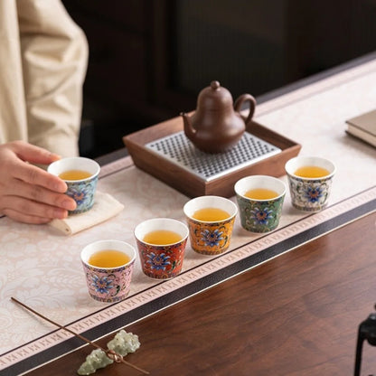 6pcs/set Kung Fu Tea Set Flower Tea Cup Chinese Style Vintage Ceramic