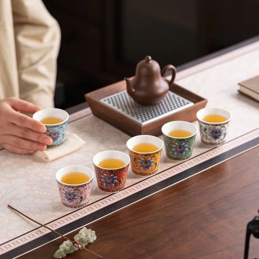 6pcs/set Kung Fu Tea Set Flower Tea Cup Chinese Style Vintage Ceramic