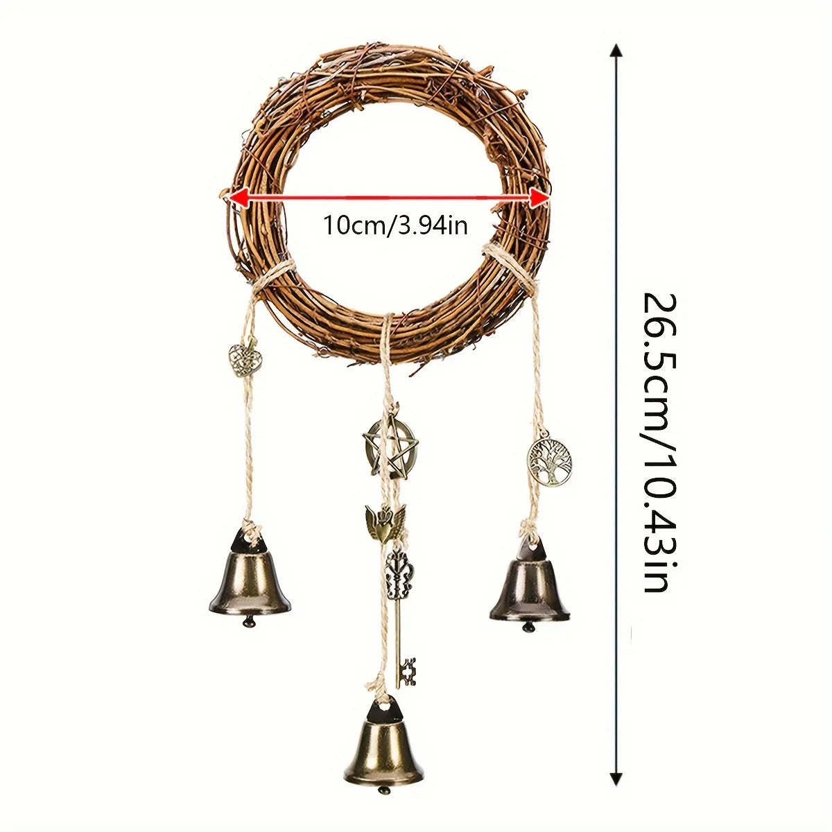 Witch Bell Wreath – Rustic Vine & Brass Bell Door Hanger for Ritual & Witchy Decor