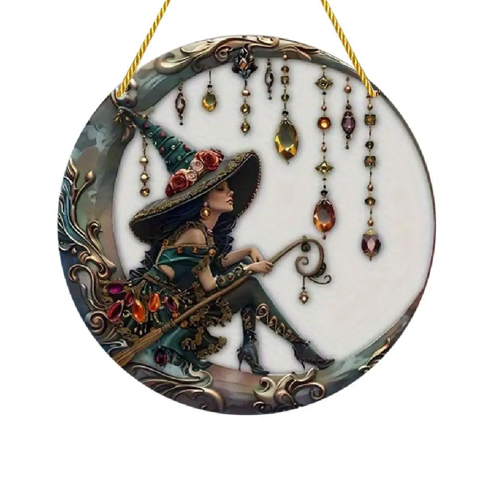 8x8 Inch Charming Moonlight Witch Sun Catcher, Stained Glass Style Acrylic Hanging Ornament for Windows, Doors & Cars