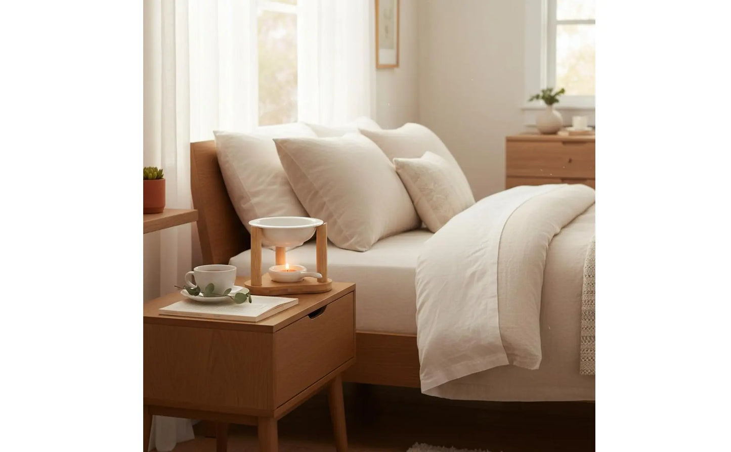 Ceramic Oil Warmer Bamboo Frame Wooden Aroma Lamp