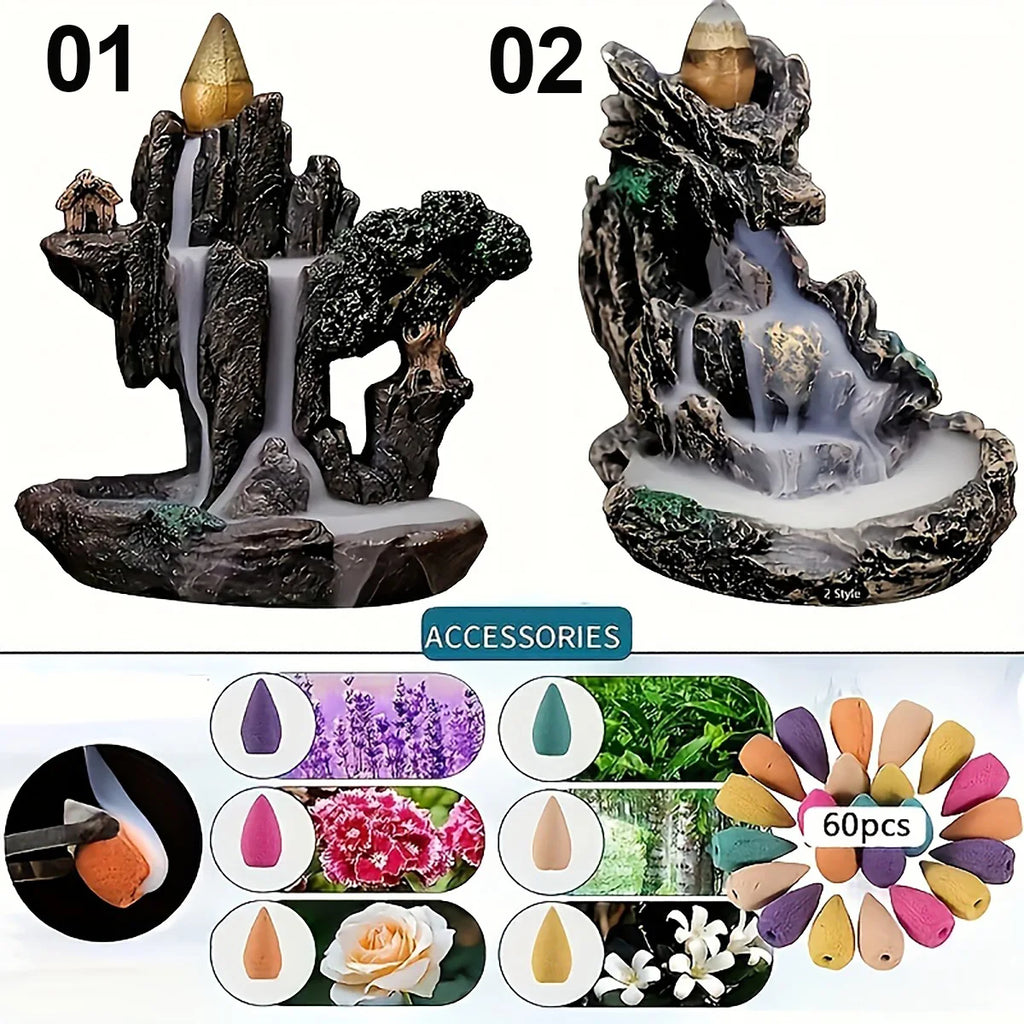 1pc Mountains River Waterfall Reflux Incense Burner Fountain +60 Incense Cones - Your Ritual Hub 