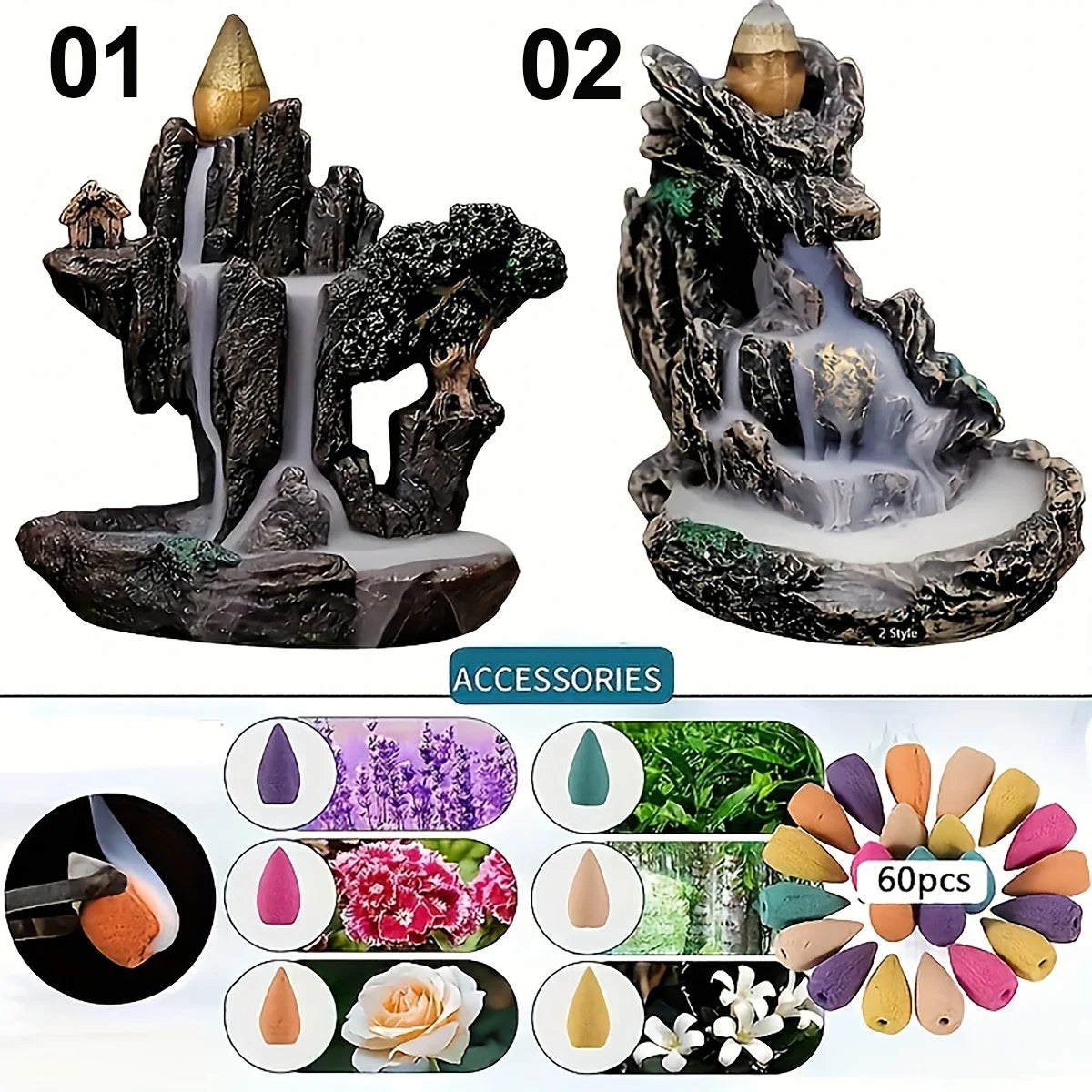 1pc Mountains River Waterfall Reflux Incense Burner Fountain +60 Incense Cones - Your Ritual Hub 