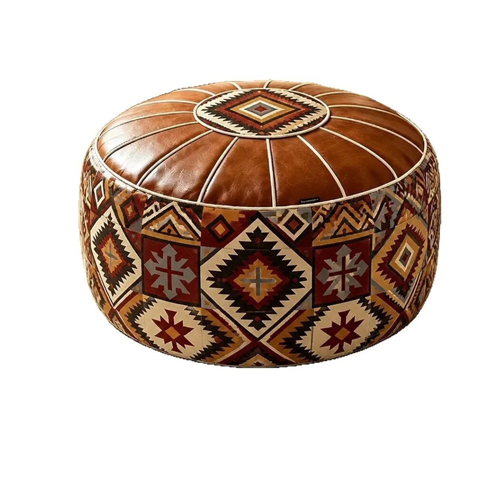 Round Pouf Cover – Vintage Geometric Bird Pattern | PU Leather | Fill Yourself