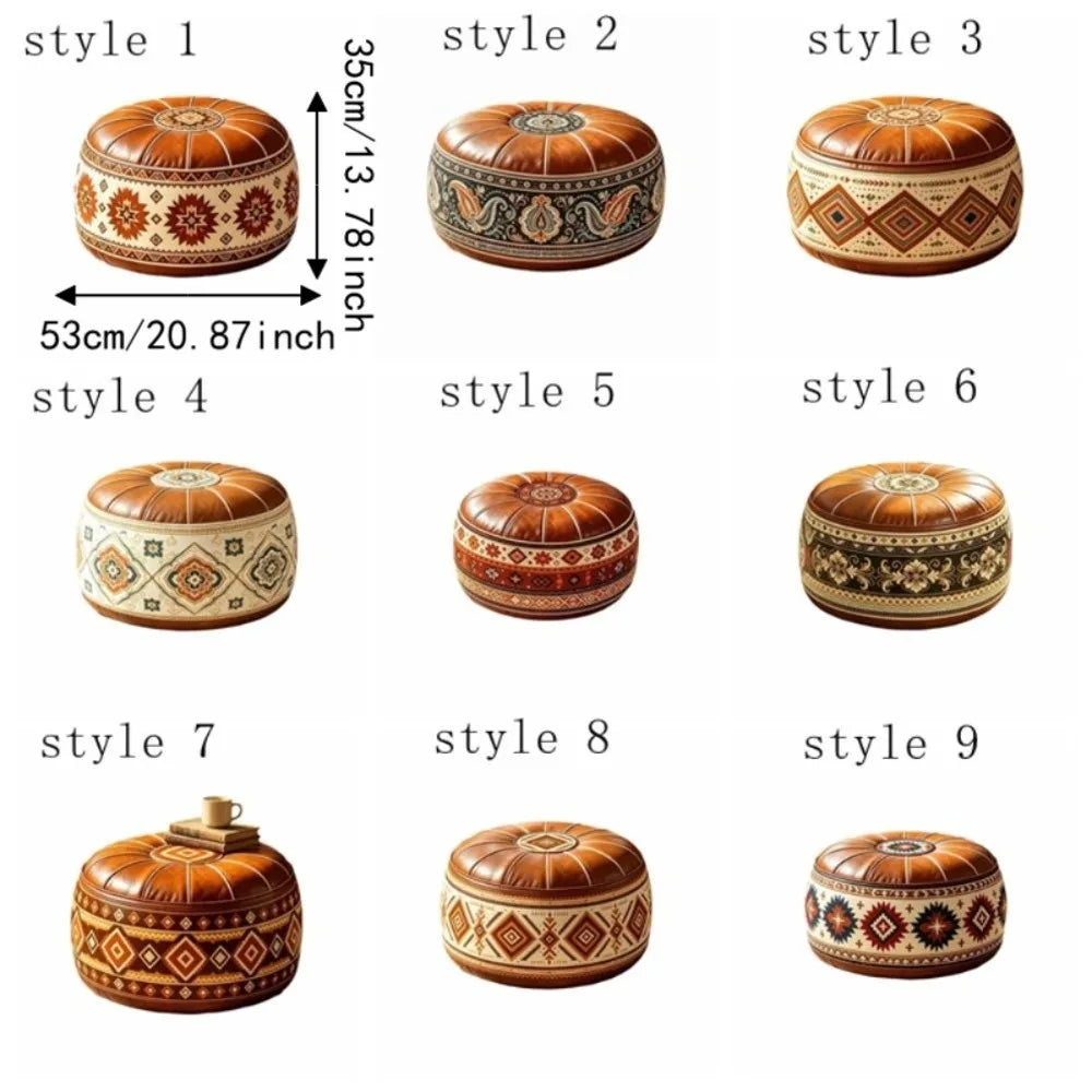 Boho Round Footstool Cover – Waterproof PU Leather Pouf Cover with Geometric Pattern (9 Styles)