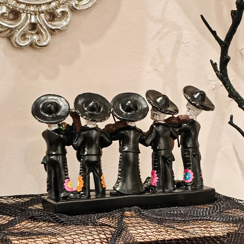 Day of the Dead Skeleton Band Statue — Festive Resin Sculpture