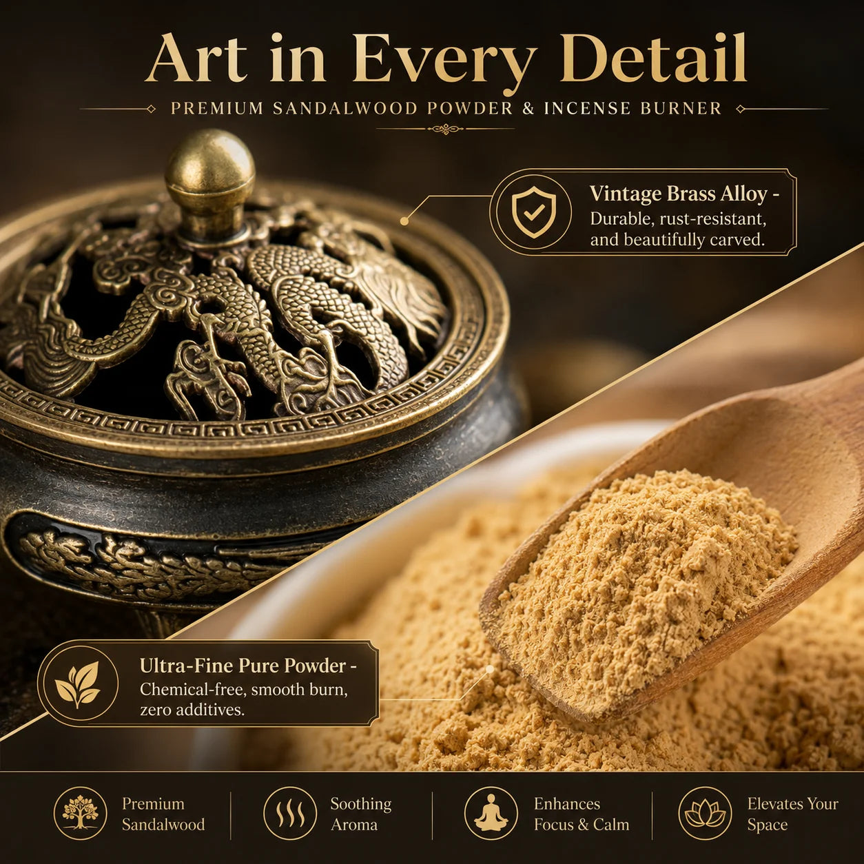 Pure Sandalwood Incense Powder Kit – with Vintage Brass Dragon Censer
