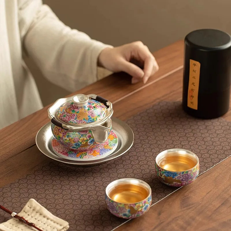 Royal Silver-Plated Enameled Ceramic Tea Set — Gift Box