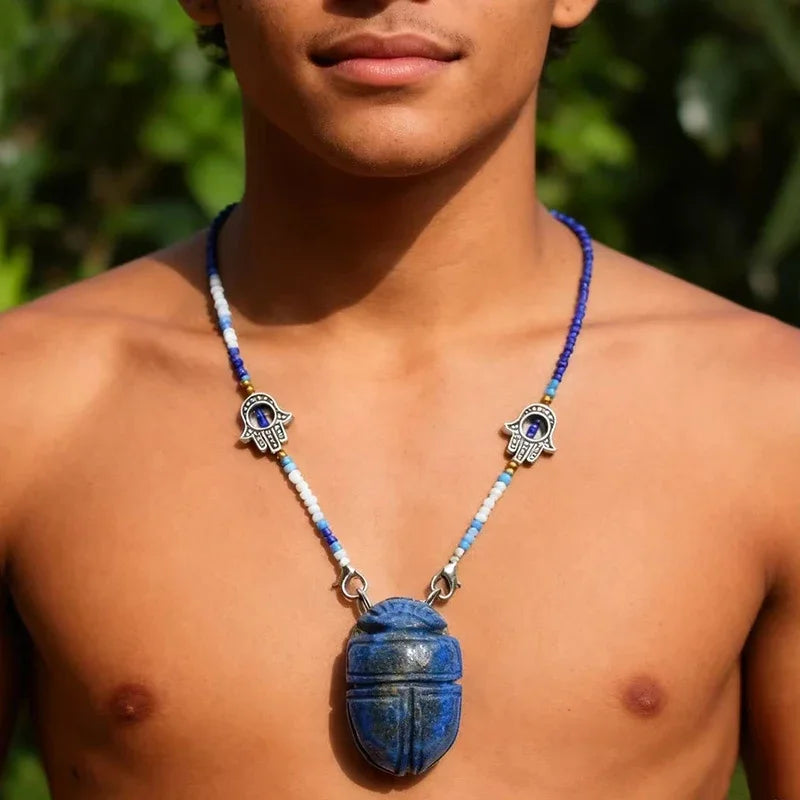 Lapis Lazuli Scarab Pendant Necklace with Hamsa Chain