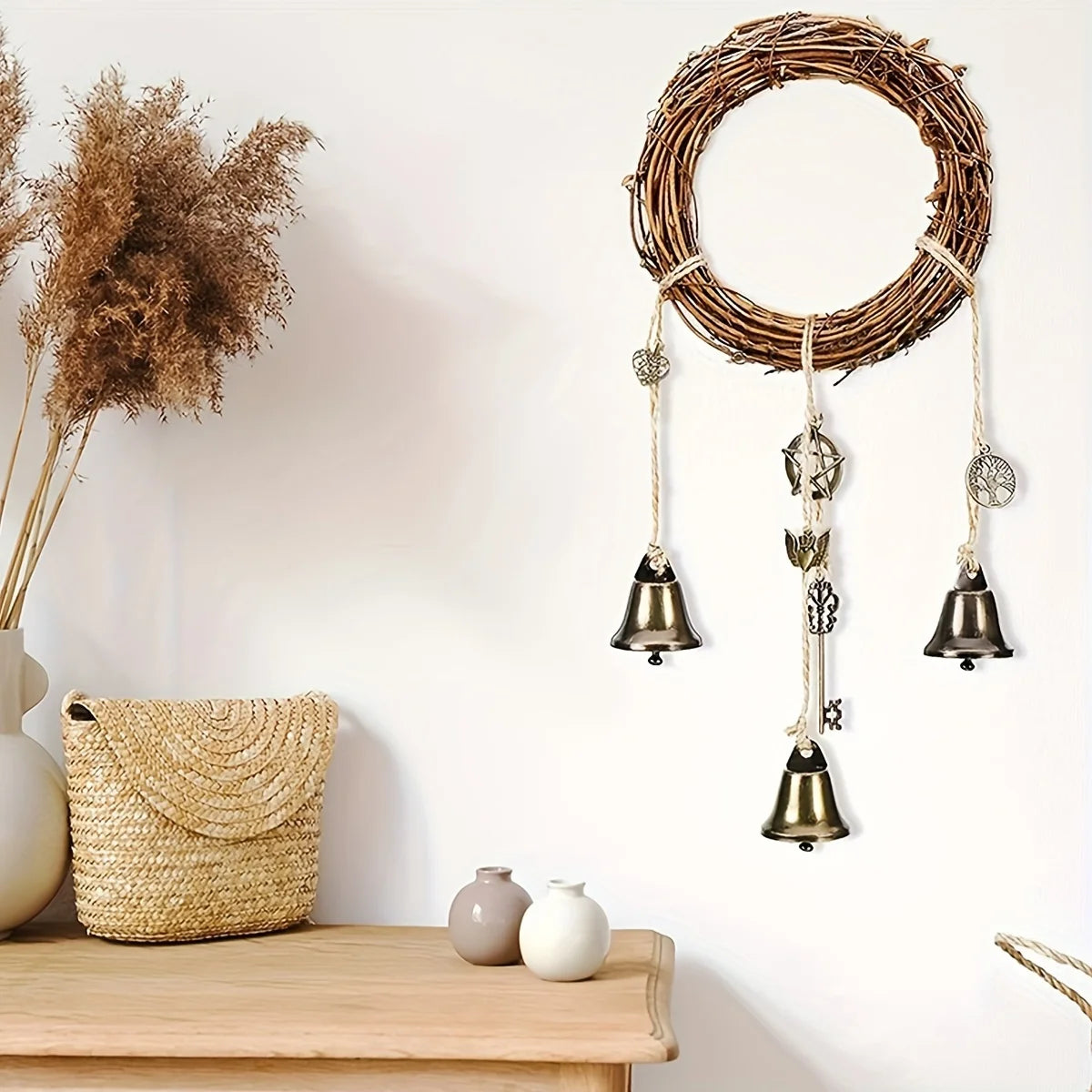 Witch Bell Wreath – Rustic Vine & Brass Bell Door Hanger for Ritual & Witchy Decor