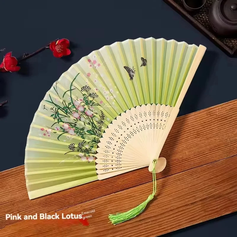 Silk & Bamboo Floral Folding Fan – Oriental Hand Fan for Ritual, Gifting & Decor