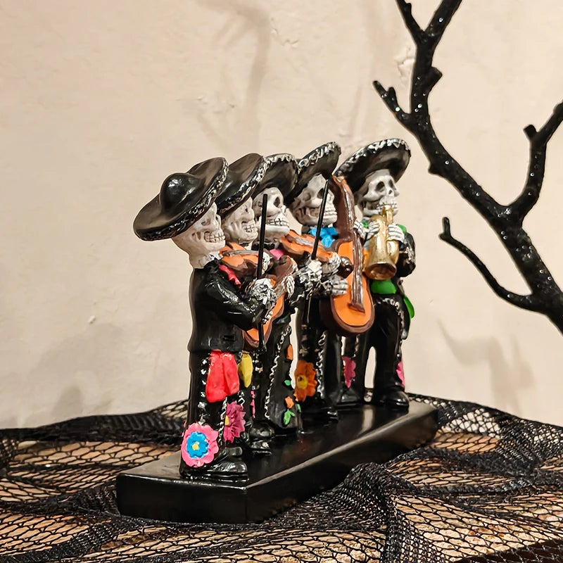 Day of the Dead Skeleton Band Statue — Festive Resin Sculpture