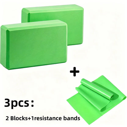 3PCS includes 2 yoga Blocks 1 resistance bands. High-density EVA mats, TPE stretch bands. for beginner yoga, stretching exercise