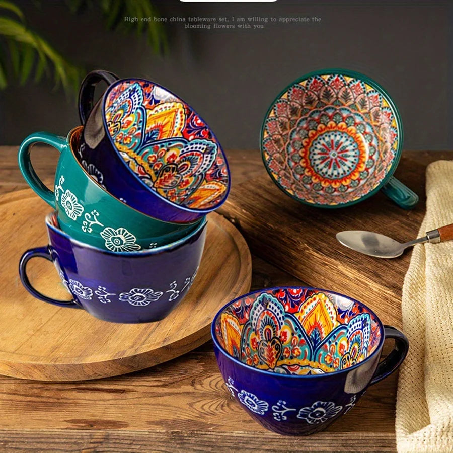 1pc 450ml/15oz Bohemian Ceramic Coffee Mug, Boho Style for Matcha - Your Ritual Hub 