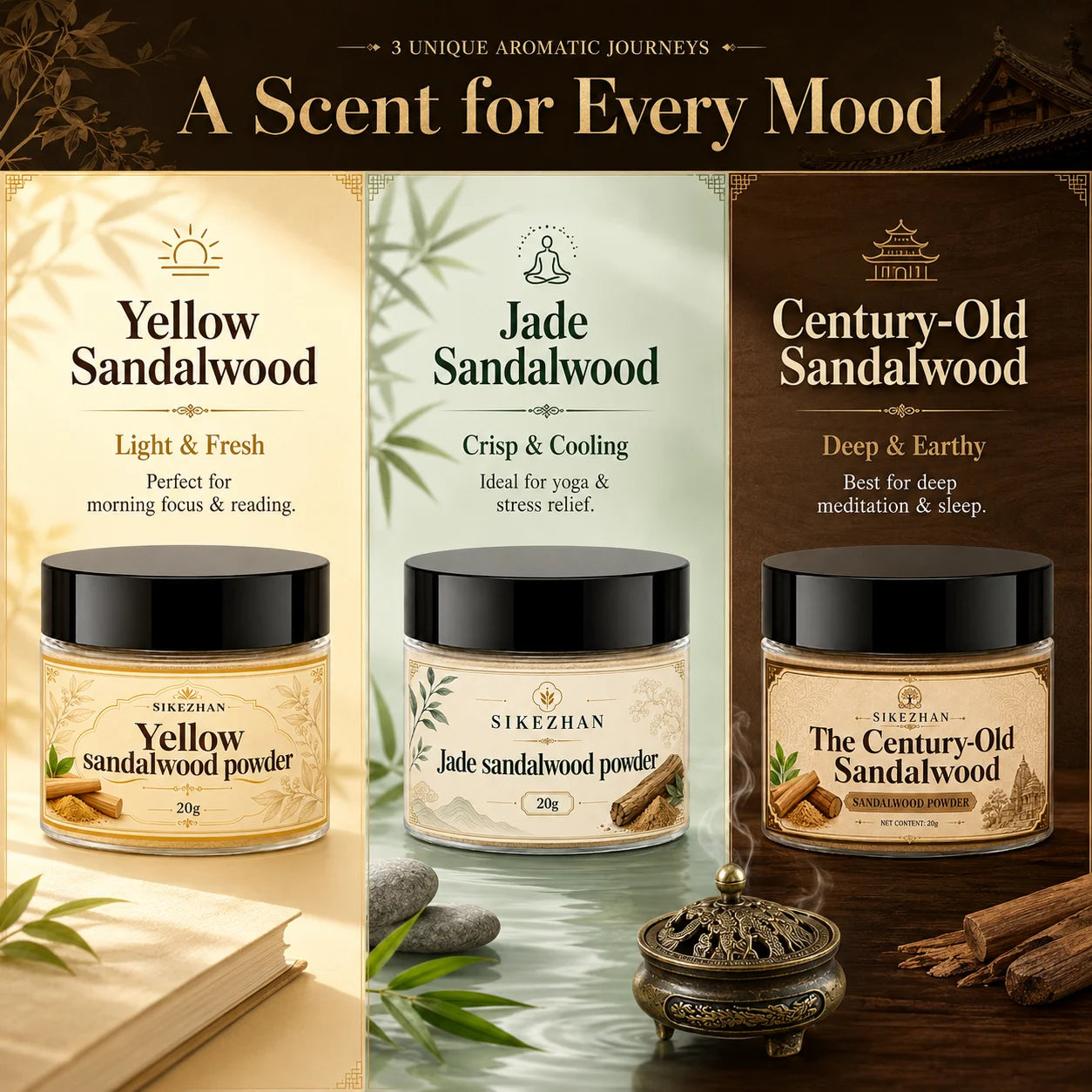 Pure Sandalwood Incense Powder Kit – with Vintage Brass Dragon Censer