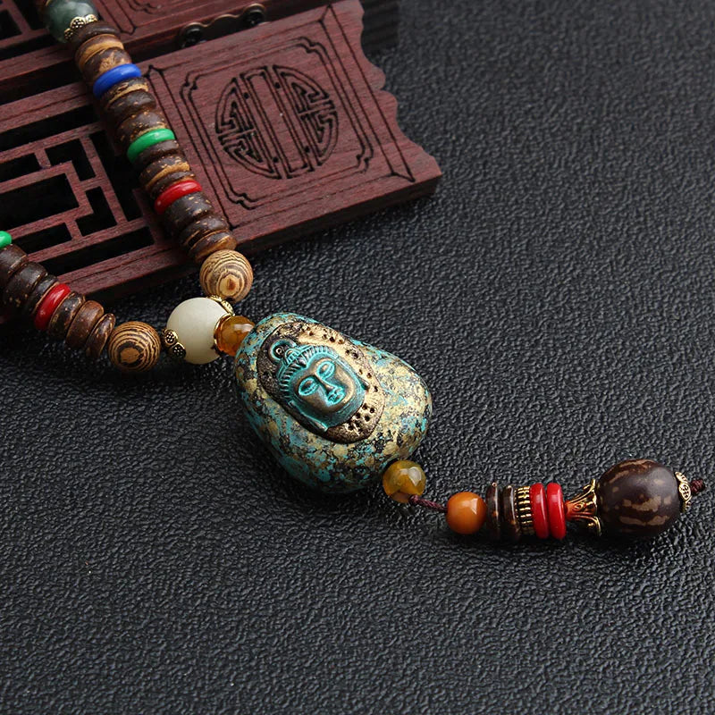 Ethnic Spiritual Long Necklace – Wooden Bead Sweater Chain with Sacred Pendant