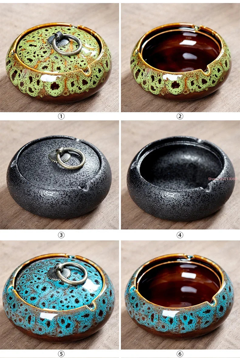 Round Ceramic Ashtray with Lid, 10 Styles