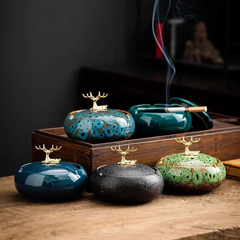 Round Ceramic Ashtray with Lid, 10 Styles