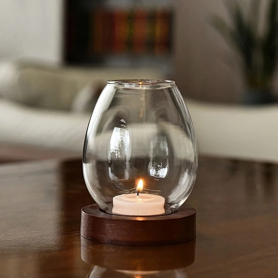 European Style Clear Glass Candle Holder (Wooden Base) Warm Ambient Lighting - Your Ritual Hub 