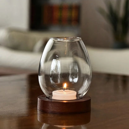 European Style Clear Glass Candle Holder (Wooden Base) Warm Ambient Lighting