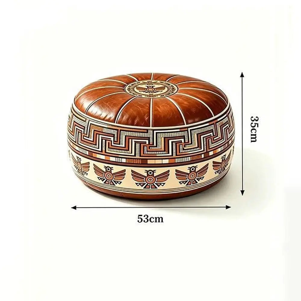 Round Pouf Cover – Vintage Geometric Bird Pattern | PU Leather | Fill Yourself