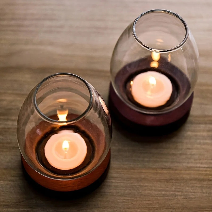European Style Clear Glass Candle Holder (Wooden Base) Warm Ambient Lighting - Your Ritual Hub 