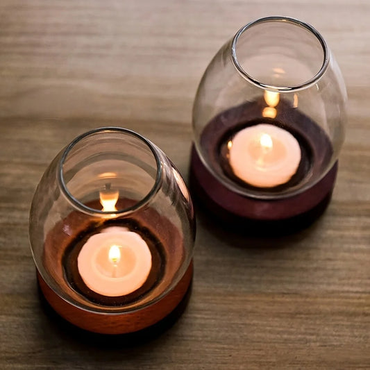 European Style Clear Glass Candle Holder (Wooden Base) Warm Ambient Lighting