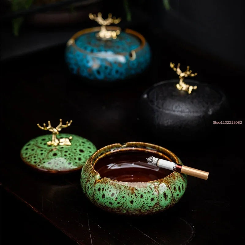 Round Ceramic Ashtray with Lid, 10 Styles