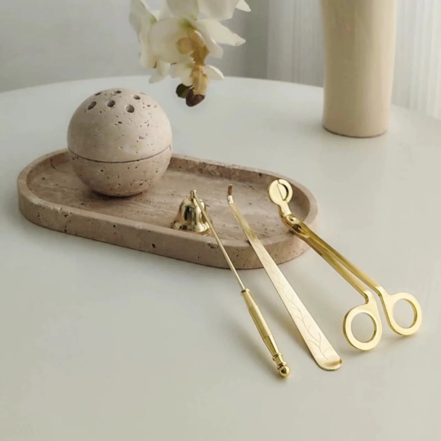 Travertine Marble Incense Burner Textured Spherical Aromatherapy