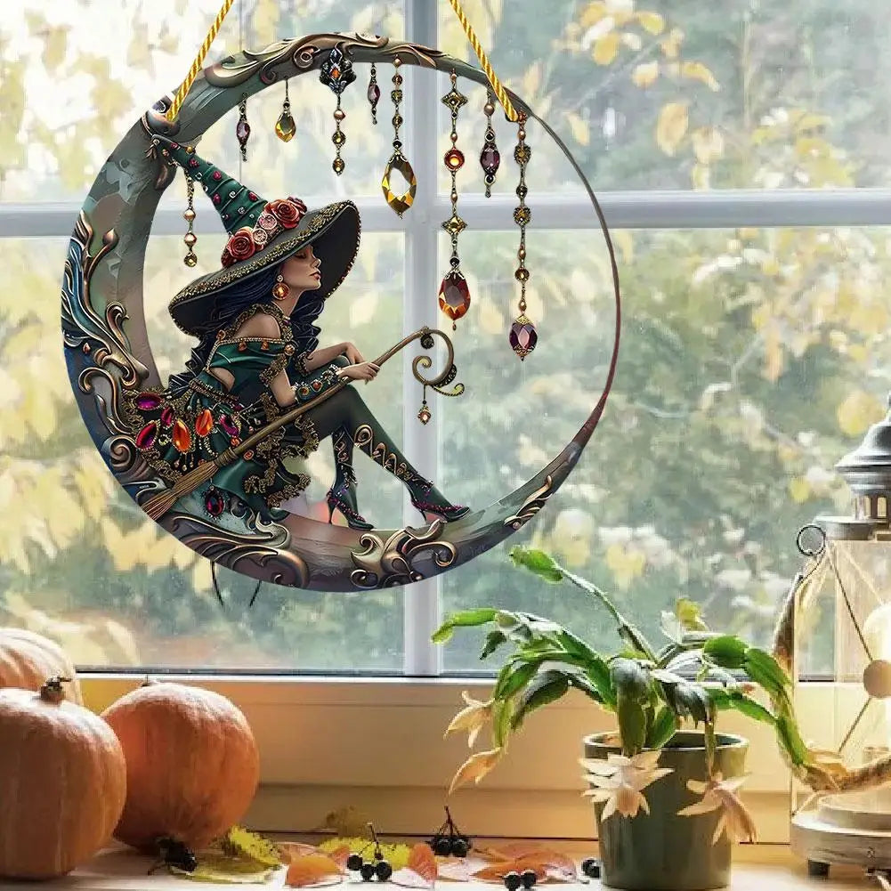 8x8 Inch Charming Moonlight Witch Sun Catcher, Stained Glass Style Acrylic Hanging Ornament for Windows, Doors & Cars