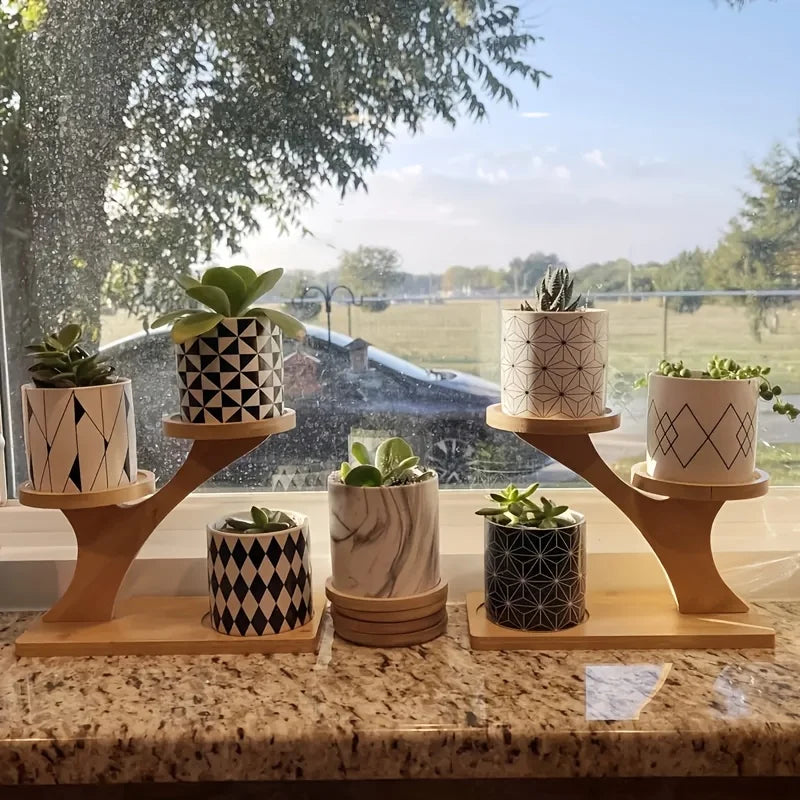 2-Tier Bamboo Plant Stand, 3-Pot Wooden Flower Shelf & Display Rack for Altar Decor, Succulents & Indoor Herbs
