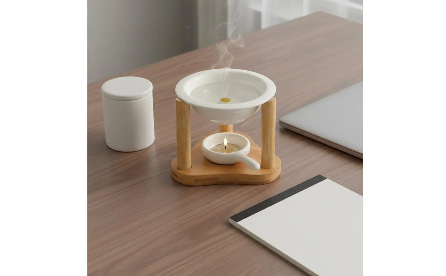 Ceramic Oil Warmer Bamboo Frame Wooden Aroma Lamp