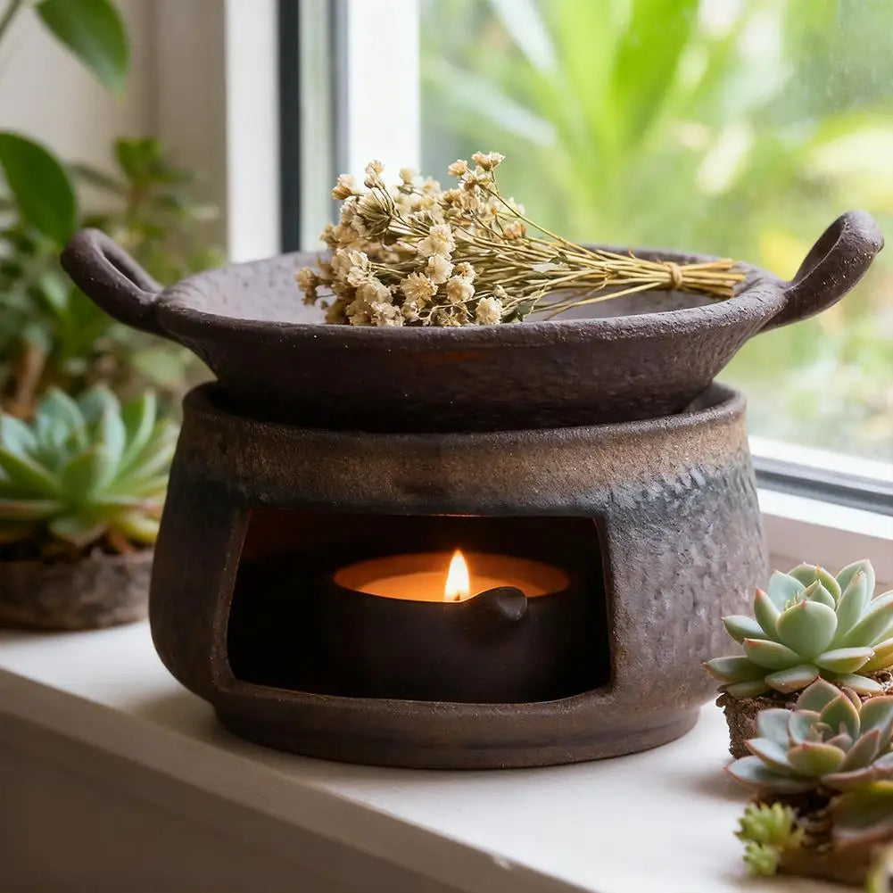 Coarse Pottery Herb Burner, Multi-Functional Ceramic Aromatherapy - Your Ritual Hub 