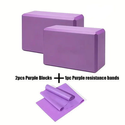 3PCS includes 2 yoga Blocks 1 resistance bands. High-density EVA mats, TPE stretch bands. for beginner yoga, stretching exercise